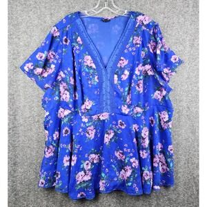 Torrid Floral Peplum Blouse Women 4 Royal Blue Good Lace Trim Clip Dot Chiffon